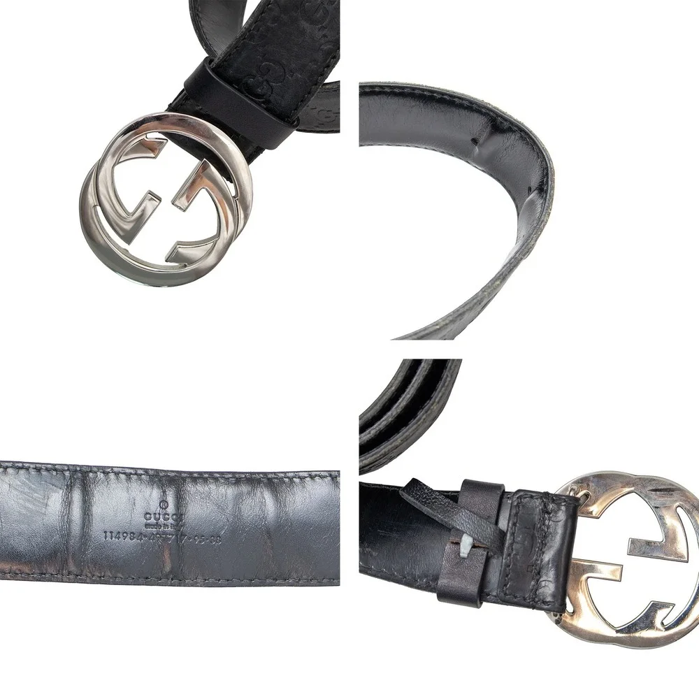 Gucci Men's Interlocking GG Belt Black Leather‎ Silver Buckle Size 95/38